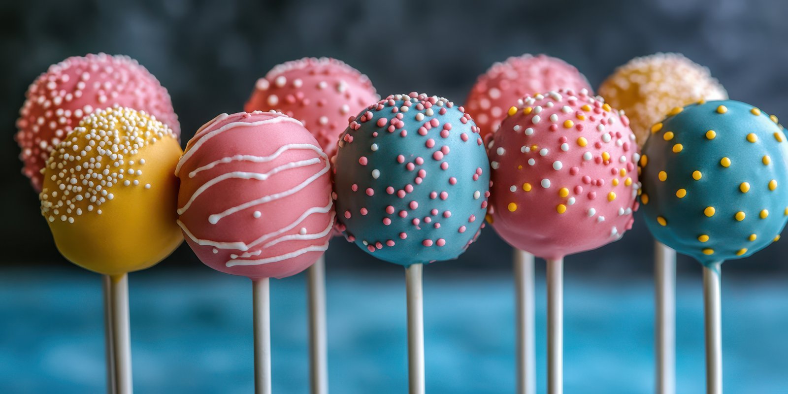 Colorful cake pops decorated with sprinkles arranged in a row on sticks against a dark background